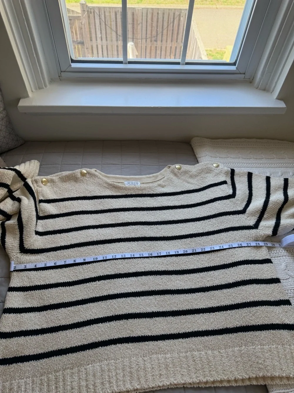 J. Crew Cream and Black Striped Boatneck Sweater with Gold Shoulder Buttons - 3X - Picture 9 of 15
